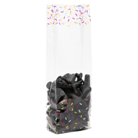 Blokbodemzakjes transparant bedrukt 'feest' 70 + 40 x 220 mm - per 100 stuks